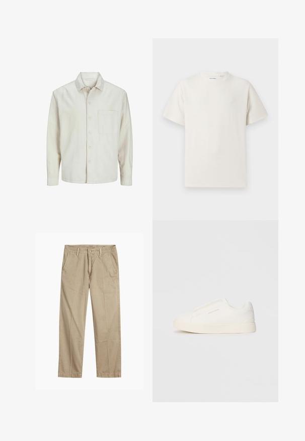 Beige színű, pamut anyagú gombos ing, klasszikus gallérral, hosszú ujjakkal, egy mellzsebbel és laza szabással. Sima, puha tapintású.; Fehér, rövid ujjú póló bordázott textúrával. Kerek nyakkivágás, laza szabás, nincs látható minta vagy díszítés. Egyszerű és sokoldalú dizájn.; Beige egyenes szárú chino nadrág övhurkokkal, elülső gombos és cipzáras záródással, valamint ferde elülső zsebekkel.; Fehér slip-on sportcipők texturált felülettel, vastag talppal és minimalista dizájnnal. Az oldalon a márka logója található.