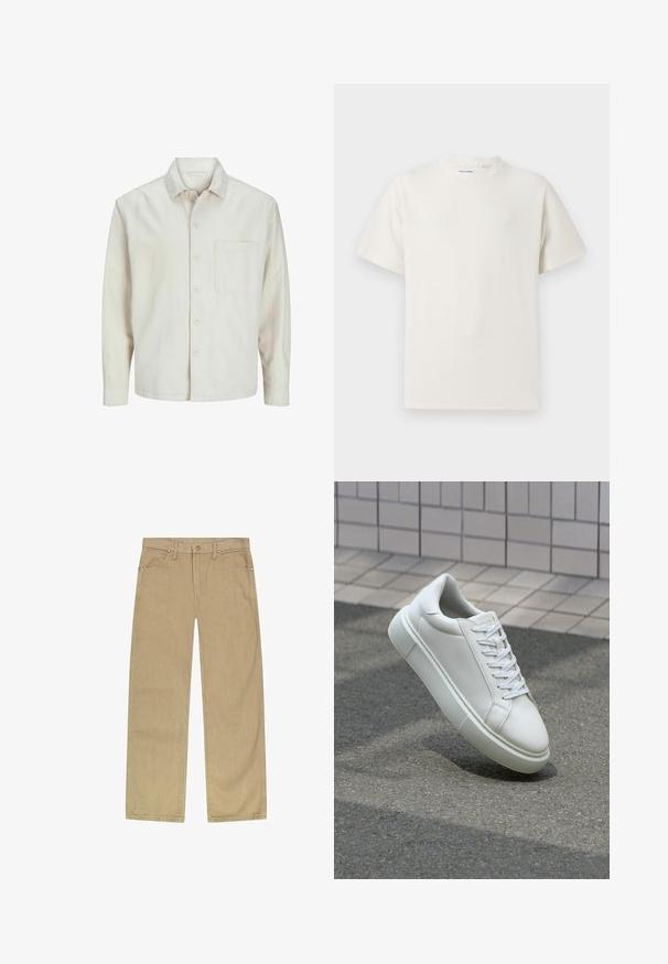 Cămașă bej cu nasturi, din bumbac, cu guler clasic, mâneci lungi, un buzunar la piept și o croială lejeră. Textură netedă și moale.; Tricou alb cu maneci scurte, dintr-un material ribbed. Guler rotund, croi lejer, fără modele sau accente vizibile. Design simplu și versatil.; Pantaloni din bumbac bej, din twill, cu un design cu picioare drepte, cinci buzunare, închidere cu buton în față și nituiri de culoare cuprie pentru durabilitate.; Sneaker alb din piele cu o suprafață netedă, vârf rotund și șireturi plate albe. Dispune de o talpă din cauciuc texturată și elemente de design minimale.