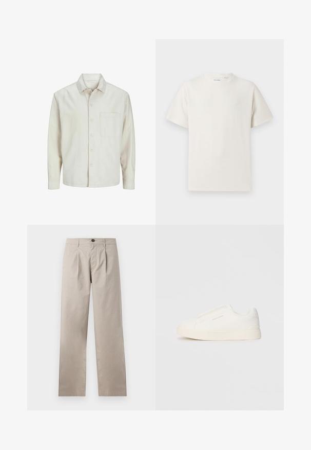 Šviesiai rudos spalvos medvilninis marškinis su klasikiniais atvartais, ilgomis rankovėmis, viena krūtine kišenė ir laisvas fasonas. Sklandus, minkštas paviršius.; Balta trumpa rankovė T-polo marškinėlių su juostelėmis tekstūra. Apvalus iškirpimas, laisvas fasonas, jokių matomų raštų ar akcentų. Paprastas ir universalus dizainas.; Šviesiai rudos spalvos kelnes su tiesiomis kojomis, turinčiomis vieną raukinį, keturis kišenes ir priekinį mygtuką, pagamintas iš lengvos medvilnės audinio.; Baltos slip-on sportbačiai su tekstūruota paviršiumi, storesniu padu ir minimalistišku dizainu. Šone matosi prekės ženklo logotipas.