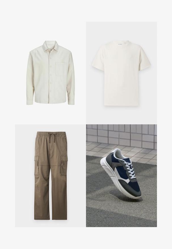 Beige színű, pamut anyagú gombos ing, klasszikus gallérral, hosszú ujjakkal, egy mellzsebbel és laza szabással. Sima, puha tapintású.; Fehér, rövid ujjú póló bordázott textúrával. Kerek nyakkivágás, laza szabás, nincs látható minta vagy díszítés. Egyszerű és sokoldalú dizájn.; Kíméletes barna színű cargo nadrág, elasztikus derékkal és húzózsinórral, több oldalsó zsebbel és laza szabással.; Cipő, amelynek sötétkék hálós felsőrésze, szürke velúr díszítései, fehér gumitalpa és lapos fehér fűzője van, a kényelem és a légáteresztő képesség érdekében tervezve.