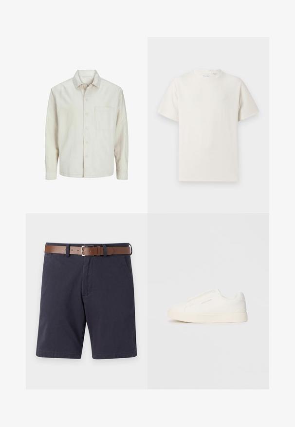 Chemise beige à manches longues en coton, avec un col classique, une poche poitrine et une coupe décontractée. Texture lisse et douce.; T-shirt blanc à manches courtes en texture côtelée. Encolure ronde, coupe décontractée, sans motifs ni accents visibles. Design simple et polyvalent.; Shorts bleu marine en coton avec une ceinture en cuir marron. Présente deux poches avant, une coupe droite et une texture lisse.; Baskets blanches sans lacets avec une surface texturée, une semelle épaisse et un design minimaliste. Présente le logo de la marque sur le côté.