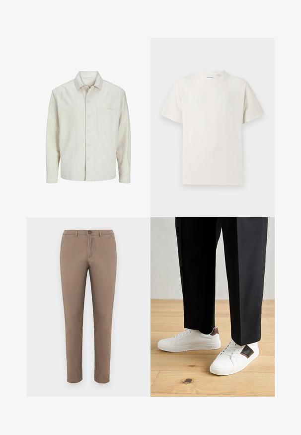 Camicia beige a bottoni realizzata in cotone con colletto classico, maniche lunghe, una tasca sul petto e una vestibilità rilassata. Texture liscia e morbida.; T-shirt bianca a maniche corte in texture a coste. Girocollo, vestibilità rilassata, senza modelli o accenti visibili. Design semplice e versatile.; Chinos beige con vestibilità dritta, chiusura a bottone, tasche anteriori e posteriori, tessuto di cotone morbido e orlo curato. Adatti per un abbigliamento casual.; Sneakers bianchi dalla texture liscia, con dettagli in pelle marrone e particolari neri, abbinati a pantaloni neri su misura. Sfondo in parquet.