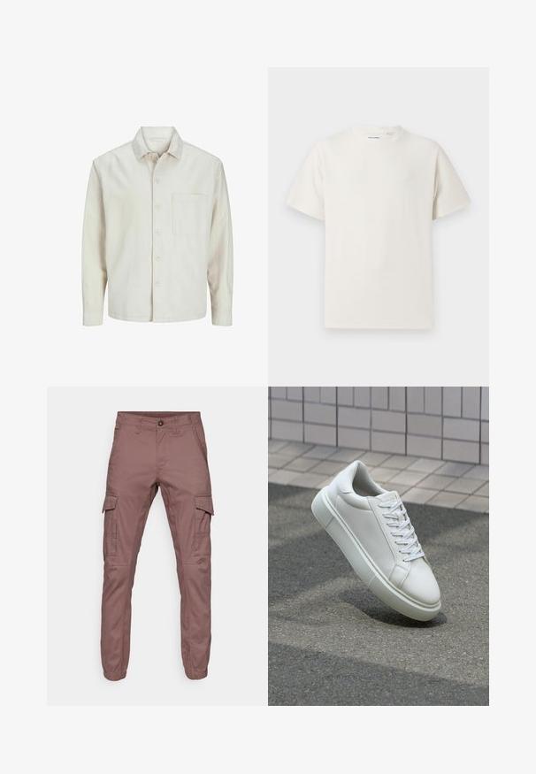Bež košulja s dugim rukavima od pamuka, klasičnog ovratnika, s jednom džepom na prsima i opuštenim krojem. Glatka, meka tekstura.; Bijela kratka majica s kratkim rukavima u rebrastoj teksturi. Okrugli izrez, ležeran kroj, bez vidljivih uzoraka ili akcenta. Jednostavan i svestran dizajn.; Cargo hlače od mekog burgundskog materijala s elastičnim manžetama, višestrukim bočnim đepovima i ravnim prednjim dizajnom, prikladne za svakodnevno nošenje ili aktivnosti na otvorenom.; Bijela kožna tenisica s glatkom površinom, okruglim vrhom i ravnim bijelim vezicama. Ima teksturiran gumeni potplat i minimalne dizajnerske elemente.