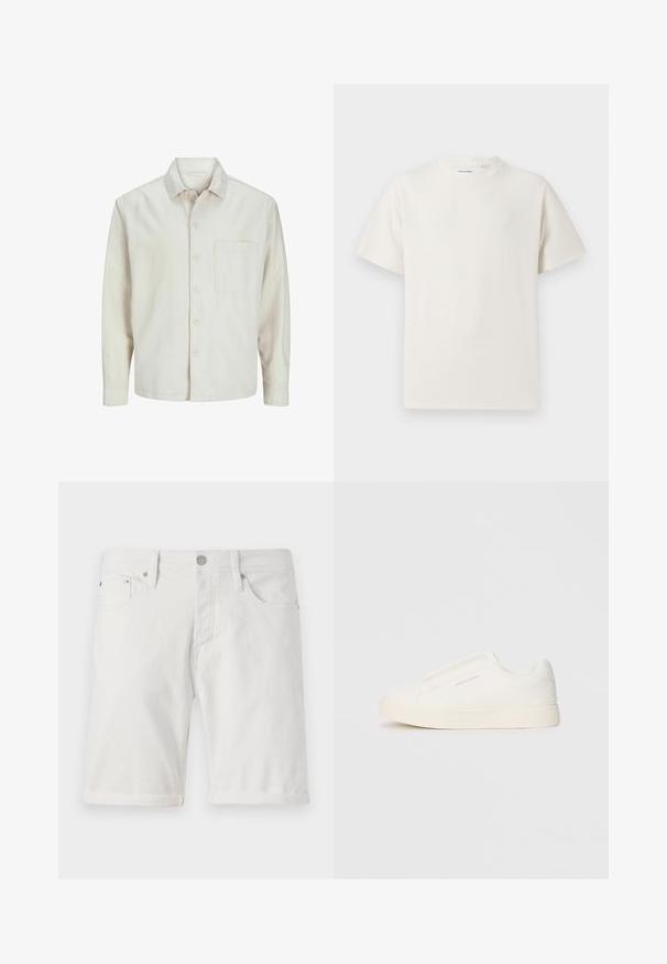Beige nööbiga särk, mis on valmistatud puuvillast, klassikalise krae, pikkade varrukate, ühe rinnatasku ja avara lõikega. Sujuv, pehme tekstuur.; Valge lühikeste varrukatega T-särk ribakudumises. Ümar kaelus, mugav lõige, nähtavad mustrid ega aksessuaarid puuduvad. Lihtne ja mitmekesine disain.; Valged denim lühikesed püksid klassikalise lõikega, millel on keeratud serv, esikotid ja metallnupp. Sile tekstuur.; Valged libisemiskindlad tossud tekstuuriga pinnaga, paksu tallaga ja minimalistikus disainis. Küljel on brändi logo.
