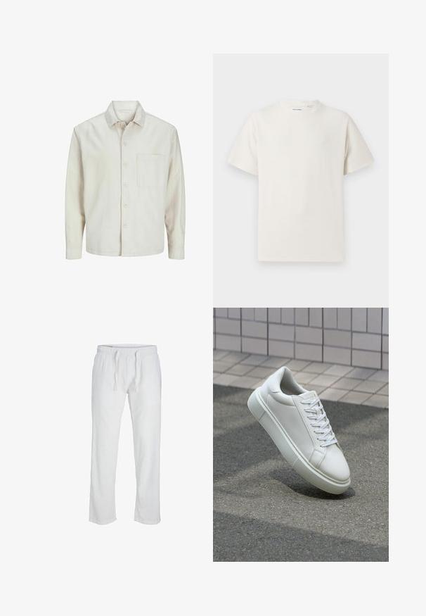 Beige Hemd mit Knopfleiste aus Baumwolle, klassischem Kragen, langen Ärmeln, einer Brusttasche und lockerer Passform. Glatte, weiche Textur.; Weißes T-Shirt mit kurzen Ärmeln in gerippter Textur. Runder Ausschnitt, lockere Passform, keine sichtbaren Muster oder Akzente. Einfaches und vielseitiges Design.; Jack & Jones JPSTKANE SUMMER JOGGER - Stoffhose - bright white; Weiße Leder-Sneaker mit glatter Oberfläche, runder Zehenpartie und flachen weißen Schnürsenkeln. Verfügt über eine strukturierte Gummisohle und minimalistische Designelemente.