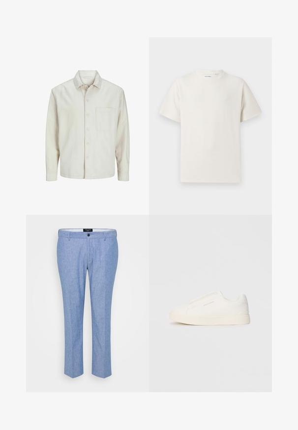 Beige button-up shirt made of cotton with a classic collar, long sleeves, one chest pocket, and a relaxed fit. Smooth, soft texture.; White short-sleeve T-shirt in a ribbed texture. Round neckline, relaxed fit, no visible patterns or accents. Simple and versatile design.; Light blue trousers made of textured fabric, featuring a straight cut, belt loops, and a single front button closure.; White slip-on sneakers with a textured surface, a thick sole, and minimalistic design. Features brand logo on the side.