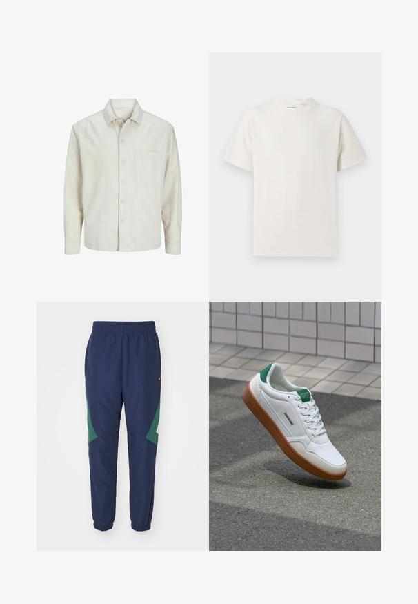 Beige knäppskjorta i bomull med klassisk krage, långa ärmar, en bröstficka och en avslappnad passform. Slät, mjuk textur.; Vit t-shirt med kort ärm i ribbad struktur. Rund halsringning, löst sittande passform, inga synliga mönster eller detaljer. Enkelt och mångsidigt design.; Marina blå träningsbyxor med gröna accenter, elastisk midja, elastiska mudd och sidofickor. Tillverkade av lätt, mjukt tyg.; Vita sneakers med gröna accenter, platta snören och en texturerad tå. Har en brun gummisula och branding på sidan. Enkla design.