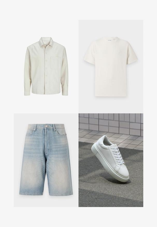 Beige knäppskjorta i bomull med klassisk krage, långa ärmar, en bröstficka och en avslappnad passform. Slät, mjuk textur.; Vit t-shirt med kort ärm i ribbad struktur. Rund halsringning, löst sittande passform, inga synliga mönster eller detaljer. Enkelt och mångsidigt design.; Ljust blå denimshorts med avslappnad passform. Har en knappstängning, bälteshällor och två framfickor. Blekt textur genom hela plagget.; Vit lädersneaker med en slät yta, rund tå och platta vita snören. Har en texturerad gummisula och minimalistiska designelement.