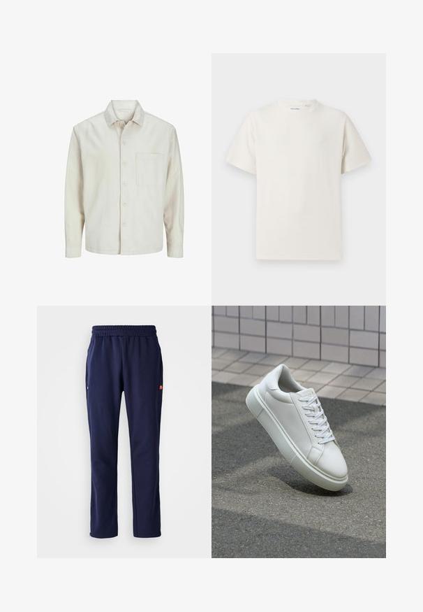 Cămașă bej cu nasturi, din bumbac, cu guler clasic, mâneci lungi, un buzunar la piept și o croială lejeră. Textură netedă și moale.; Tricou alb cu maneci scurte, dintr-un material ribbed. Guler rotund, croi lejer, fără modele sau accente vizibile. Design simplu și versatil.; Pantaloni de trening bleumarin cu talie elastică, buzunare laterale și un mic detaliu cu logo pe buzunarul stâng. Confectionati dintr-un material moale și neted.; Sneaker alb din piele cu o suprafață netedă, vârf rotund și șireturi plate albe. Dispune de o talpă din cauciuc texturată și elemente de design minimale.