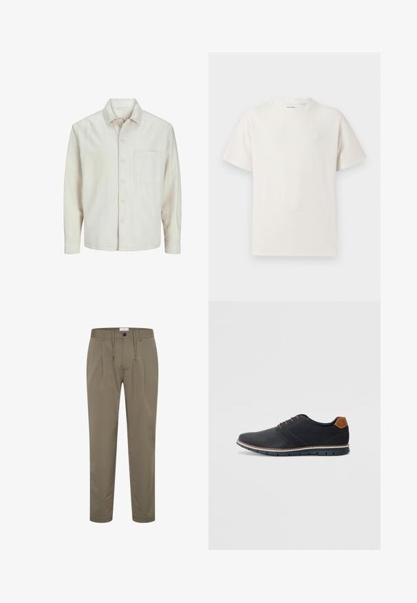 Bež košulja s dugim rukavima od pamuka, klasičnog ovratnika, s jednom džepom na prsima i opuštenim krojem. Glatka, meka tekstura.; Bijela kratka majica s kratkim rukavima u rebrastoj teksturi. Okrugli izrez, ležeran kroj, bez vidljivih uzoraka ili akcenta. Jednostavan i svestran dizajn.; Maslinasto zelene hlače izrađene od glatkog materijala sa ležernim krojem, elastičnim pojasom sa vezicom i dva prednja nabora za dodatni dizajn.; Crne sintetičke cipele s teksturiranim gornjim dijelom, glatkim akcentima, smešnim petom i kontrastnom potplatom. Imaju minimalne vezice i detalje šivanja.