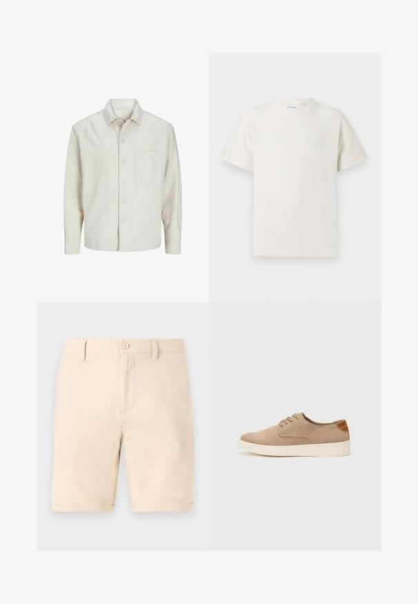 Camicia beige a bottoni realizzata in cotone con colletto classico, maniche lunghe, una tasca sul petto e una vestibilità rilassata. Texture liscia e morbida.; T-shirt bianca a maniche corte in texture a coste. Girocollo, vestibilità rilassata, senza modelli o accenti visibili. Design semplice e versatile.; Pantaloni corti beige in cotone con design a davanti piatto, chiusura a un pulsante e risvolti. Presentano tasche laterali e una texture liscia.; Sneaker in suede beige con punta arrotondata, stringhe davanti e un accento testurizzato sul retro. La suola in gomma bianca offre un contrasto. Design semplice e moderno.