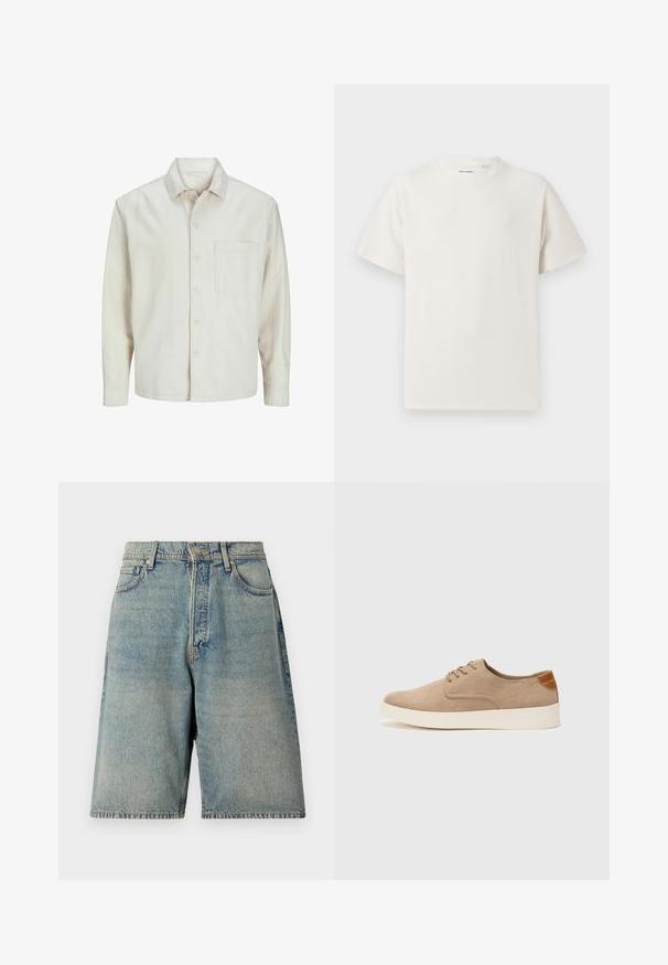 Beige pogrieta krekls no kokvilnas ar klasisku apkakli, garām piedurknēm, vienu krūšpocketu un brīvu piegriezumu. Gluda, maiga tekstūra.; Balta krūštura īsām piedurknēm ar ribota auduma faktūru. Apaļš kakla izgriezums, brīvs griezums, bez redzamām rakstām vai akcentiem. Vienkāršs un daudzpusīgs dizains.; Gai zila džinsu šorti ar brīvu piegriezumu, pieci kabatas, priekšējā pogu aizdare un nevienmērīgs apakšmala.; Beige zamšādas kedas ar noapaļotu purngala daļu, auklēm saplacinātu priekšpusi un teksturētu aizmugures akcentu. Balta gumijas zole nodrošina kontrastu. Vienkāršs un mūsdienīgs dizains.