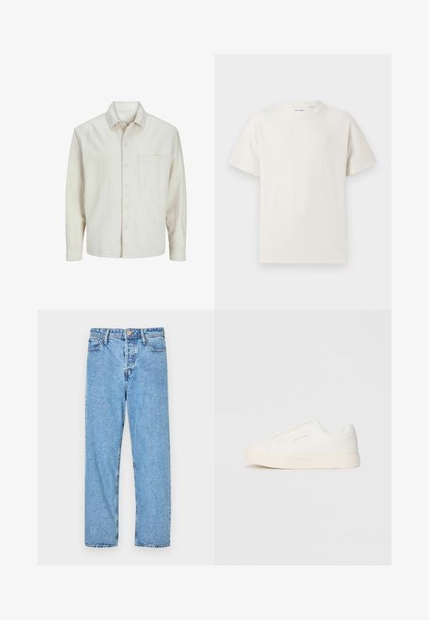 Beżowa koszula z długim rękawem wykonana z bawełny, z klasycznym kołnierzykiem, jedną kieszenią na piersi i luźnym krojem. Gładka, miękka faktura.; Biała krótka koszulka z krótkim rękawem o żebrowanej fakturze. Okrągły dekolt, luźny krój, brak widocznych wzorów lub akcentów. Prosty i uniwersalny design.; Jasnoniebieskie dżinsy z prostymi nogawkami, pięcioma kieszeniami, widocznym przeszyciem oraz zapięciem na guzik i zamek błyskawiczny.; Białe sneakersy wsuwane z teksturowanej powierzchni, grubą podeszwą i minimalistycznym designem. Zawierają logo marki z boku.