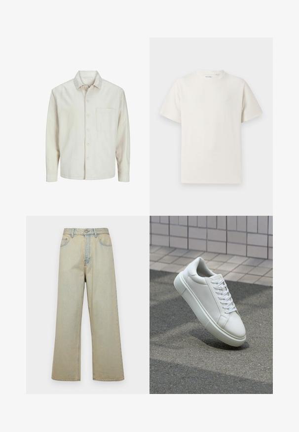 Šviesiai rudos spalvos medvilninis marškinis su klasikiniais atvartais, ilgomis rankovėmis, viena krūtine kišenė ir laisvas fasonas. Sklandus, minkštas paviršius.; Balta trumpa rankovė T-polo marškinėlių su juostelėmis tekstūra. Apvalus iškirpimas, laisvas fasonas, jokių matomų raštų ar akcentų. Paprastas ir universalus dizainas.; Šviesiai mėlynos platėjančios džinsai, pagaminti iš audinio su nusidėvėjusiu efektu. Turi penkias kišenes ir priekinį mygtuką.; Balti odiniai sportbačiai su lygiu paviršiumi, apvalia nosimi ir plokščiomis baltomis raištelėmis. Yra tekstūruotas gumos padas ir minimalizmas dizaino elementuose.