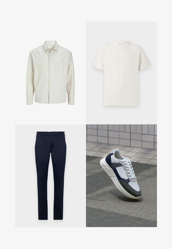 Beige pogrieta krekls no kokvilnas ar klasisku apkakli, garām piedurknēm, vienu krūšpocketu un brīvu piegriezumu. Gluda, maiga tekstūra.; Balta krūštura īsām piedurknēm ar ribota auduma faktūru. Apaļš kakla izgriezums, brīvs griezums, bez redzamām rakstām vai akcentiem. Vienkāršs un daudzpusīgs dizains.; Jūras zvejas zils kokvilnas bikses ar taisnu kāju dizainu, standarta jostasvietu un piecām kabatām. Gluda tekstūra ar minimālu šuvju detaļu.; Balti, tumši zili un pelēki sporta apavi ar jauktu materiālu dizainu, kuram ir teksturēts augšdaļa, plakani šņores un mīkstināta zole.