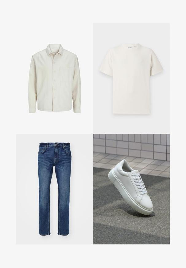 Beige pogrieta krekls no kokvilnas ar klasisku apkakli, garām piedurknēm, vienu krūšpocketu un brīvu piegriezumu. Gluda, maiga tekstūra.; Balta krūštura īsām piedurknēm ar ribota auduma faktūru. Apaļš kakla izgriezums, brīvs griezums, bez redzamām rakstām vai akcentiem. Vienkāršs un daudzpusīgs dizains.; Zilās džinsa bikses ar taisnu kāju dizainu, kurām ir divas priekšējās kabatas, viena aizmugures kabata un pogu aizdare jostasvietā.; Baltas ādas sporta apavi ar gludu virsmu, apaļu pirkstu un plakanām baltām šņorēm. Iezīmējas ar strukturētu gumijas zoli un minimālisma dizaina elementiem.