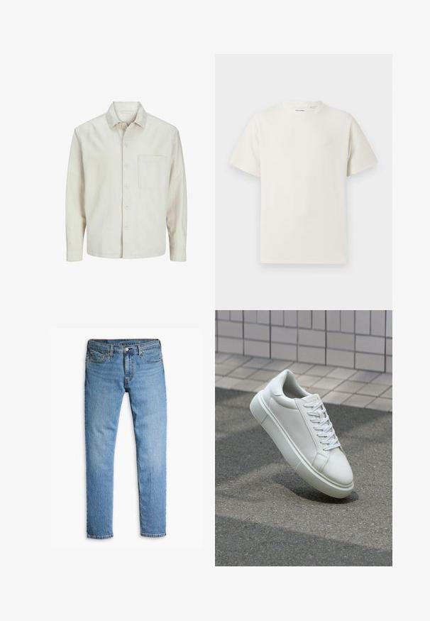 Šviesiai rudos spalvos medvilninis marškinis su klasikiniais atvartais, ilgomis rankovėmis, viena krūtine kišenė ir laisvas fasonas. Sklandus, minkštas paviršius.; Balta trumpa rankovė T-polo marškinėlių su juostelėmis tekstūra. Apvalus iškirpimas, laisvas fasonas, jokių matomų raštų ar akcentų. Paprastas ir universalus dizainas.; Šviesiai mėlynos džinsinės kelnės su tiesiomis kojomis, penkiomis kišenėmis, matomomis siūlėmis ir sagos uždarymu juosmens srityje.; Balti odiniai sportbačiai su lygiu paviršiumi, apvalia nosimi ir plokščiomis baltomis raištelėmis. Yra tekstūruotas gumos padas ir minimalizmas dizaino elementuose.