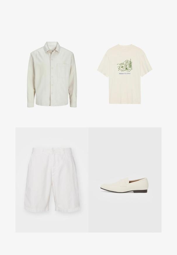 Béžová košeľa s gombíkmi vyrobená z bavlny, s klasickým golierom, dlhými rukávmi, jednou náprsní kapsou a voľným strihom. Hladká, mäkká textúra.; Krémové bavlnené tričko s krátkymi rukávmi, na ktorom je zelená grafika s kempingovou tematikou a text "PHOENIX 112.0740".; Biele bavlnené šortky s plochým predným dielom, so zapínaním na gombík a štyrmi vreckami. Tkanina má jemnú textúru a rovný strih nohavíc.; Svetlé béžové mokasíny s špicatou špičkou, hladkým materiálom, pásikom cez vamp a nízkou hnedou podrážkou. Jednoduchý dizajn s minimálnymi akcentmi.