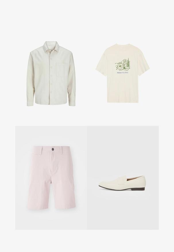 Beige nööbiga särk, mis on valmistatud puuvillast, klassikalise krae, pikkade varrukate, ühe rinnatasku ja avara lõikega. Sujuv, pehme tekstuur.; Kreemikasest puuvillast t-särk lühikeste varrukatega, millel on roheline matka-teemaline graafika ja tekst "PHOENIX 112.0740".; Heledad roosa puuvillaseguses lühikesed püksid, millel on sile esiosa, vöörihmade kohad, ühe nupuga kinnitamine ja küljetaskud. Sile tekstuur.; Heledadbeez loafers, millelise lõpp, sile materjal, rihm üle vampi ja madal pruun talla. Lihtne disain minimaalse aktsentidega.