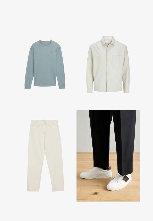 Šviesiai rudos spalvos medvilninis marškinis su klasikiniais atvartais, ilgomis rankovėmis, viena krūtine kišenė ir laisvas fasonas. Sklandus, minkštas paviršius.; Ilga rankovė marškiniai iš švelnaus, šviesiai mėlyno audinio. Turi apvalų iškirpimą, gumbuotus rankogalius ir mažą logotipą ant krūtinės. Lygus paviršius.; Bežiniai džinsai su tiesia koja, turintys penkis kišenių, mygtukų užtrauktuką ir subtilius siuvimo akcentus. Lygus paviršius.; Balti sportbačiai su glotnia danga, puošti rudais odiniais akcentais ir juodais detalėmis, derinami su juodais pritaikytais kelnėmis. Medinių grindų fonas.