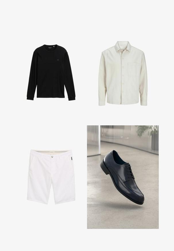 Beige knäppskjorta i bomull med klassisk krage, långa ärmar, en bröstficka och en avslappnad passform. Slät, mjuk textur.; Svart långärmad t-shirt i mjukt tyg; har rund hals, ribbade ärmslut och en liten logotyp på bröstet för detalj.; Vita shorts med blixtlås och knappstängning, två sidofickor och ett texturerat tyg med subtila sömnadsdetaljer.; Glansig svart läderklädd sko med snörning, svävande över ett slätt, ljusgrått golv och vertikala metallstänger i bakgrunden.