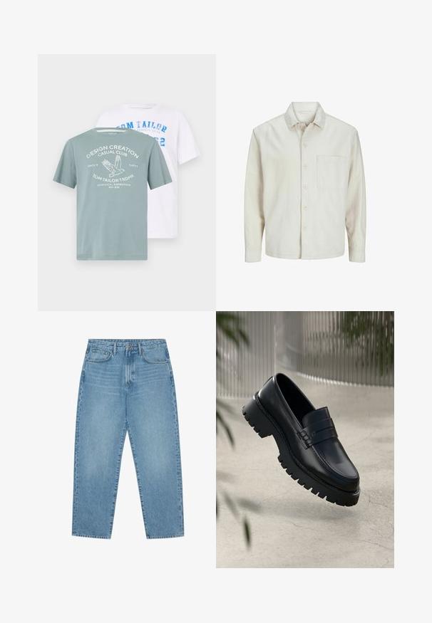 Beige nööbiga särk, mis on valmistatud puuvillast, klassikalise krae, pikkade varrukate, ühe rinnatasku ja avara lõikega. Sujuv, pehme tekstuur.; Kaks t-särki: üks helesinine, millel on trükitud kujundus, millel on lind ja tekst, ning teine valge sinise tekstiga. Mõlemad on lühikeste varrukatega.; Hele sinised teksapüksid sirge säärega, viie taskuga disain ja kergelt tuhmunud tekstuuriga. Varustatud nupuga ja luku sulgemisega.; Mustad nahkseid loafereid paksu tallaga, kaunistatud rihma ja õmbluse detailidega. Siledat tekstuuri kaunistab läikiv viimistlus.