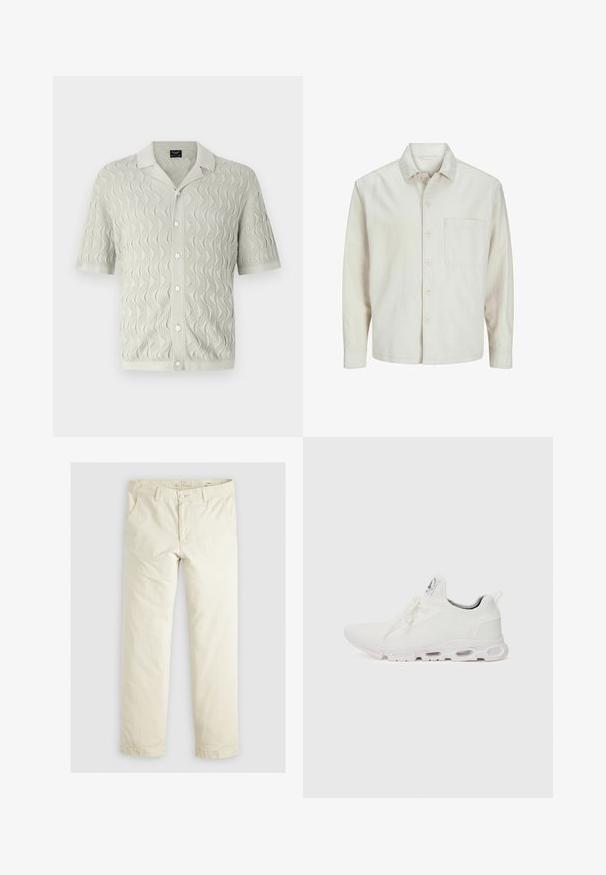 Beige nööbiga särk, mis on valmistatud puuvillast, klassikalise krae, pikkade varrukate, ühe rinnatasku ja avara lõikega. Sujuv, pehme tekstuur.; Lühikeste varrukatega, heledast hallist kootud särk, millel on lainepatt, krae ja nööpide sulgemine tekstureeritud kangast.; Heledadbež püksid, millel on lõtv istuvus, kolm taskut, vöökohad ja sirge lõikega disain. Valmistatud pehmest puuvillasegust materjalist.; Valged sportijalatsid, millel on tekstuuriga kudum peal, lame paelad ja pehmendatud tallad nähtavate õhukambritega täiendava toe jaoks.