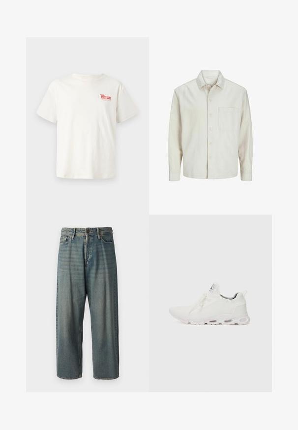 Šviesiai rudos spalvos medvilninis marškinis su klasikiniais atvartais, ilgomis rankovėmis, viena krūtine kišenė ir laisvas fasonas. Sklandus, minkštas paviršius.; Balta medvilninė T-marškinė trumpomis rankovėmis, su raudonu grafikiniu užrašu "BASEINO REMONTO PLAUKIMO PASLAUGOS" kairėje krūtinės pusėje.; Šviesiai mėlyni džinsai su laisvu siluetu, vidutinio aukščio juosmeniu ir tiesiomis kojomis. Su penkiais kišenėmis, diržo kilpo ir mygtukų uždarymu.; Baltos sportinės detalės batai su tekstūruotu megztu viršumi, plokščiais raišteliais ir paminkštintu padu, kuriame matomos oro kameros papildomam palaikymui.