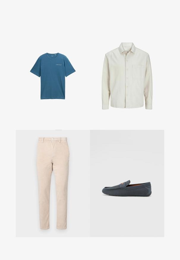 Beige pogrieta krekls no kokvilnas ar klasisku apkakli, garām piedurknēm, vienu krūšpocketu un brīvu piegriezumu. Gluda, maiga tekstūra.; Zila kokvilnas T-kreklis ar īsām piedurknēm un apaļu kakla izgriezumu. Izceļas ar mazu baltu logotipu kreisajā krūšu daļā. Vienkāršs dizains, nav rakstu.; Bežīgas korduroja bikses ar taisnu kāju dizainu, kas aprīkotas ar pogu aizdari, jostas cilpiņām un smalku ribotu tekstūru.; Pelēki perforēti loafers ar iebūvētu dizainu, kas izceļas ar oranžu akcentu, noapaļotu purngalu un teksturētu gumijas zoli.