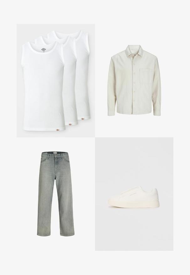 Šviesiai rudos spalvos medvilninis marškinis su klasikiniais atvartais, ilgomis rankovėmis, viena krūtine kišenė ir laisvas fasonas. Sklandus, minkštas paviršius.; Trys baltos marškinėliai be rankovių, pagaminti iš šonkaulinio medvilnės. Kiekvieni turi apvalų iškirpimą ir mažą logotipą ant apačios. Klasikinis, paprastas dizainas.; Šviesiai pilkos, laisvai krentančios džinsinės kelnės. Turi klasikinį penkių kišenių dizainą, diržo kilpas ir tiesius kojų siluetus.; Baltos slip-on sportbačiai su tekstūruota paviršiumi, storesniu padu ir minimalistišku dizainu. Šone matosi prekės ženklo logotipas.