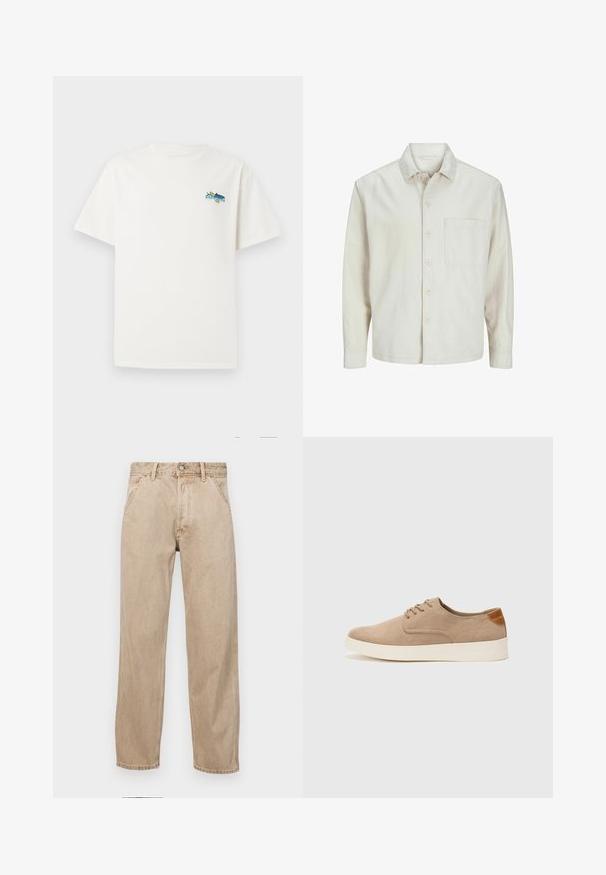 Bež srajca s gumbi, izdelana iz bombaža, s klasičnim ovratnikom, dolgimi rokavi, enim žepom na prsih in sproščenim krojem. Gladka, mehka tekstura.; Bela bombažna majica s kratkimi rokavi, ki ima barvit grafični dizajn na levem prsnem delu, ki prikazuje ribo in besedilo.; Beige jeans iz džinsa s ravnim nogavicama, ki imajo sprednje žepe, kovinsko zapiranje in subtilno teksturo.; Bež tkanine usnjene superge z zaobljenim nosom, vezalkami na sprednji strani in teksturiranim zadnjim detajlom. Belo gumijasto podplato zagotavlja kontrast. Enostaven in sodoben dizajn.