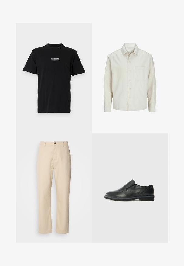 Beige Hemd mit Knopfleiste aus Baumwolle, klassischem Kragen, langen Ärmeln, einer Brusttasche und lockerer Passform. Glatte, weiche Textur.; Schwarzes Baumwoll-T-Shirt mit Rundhalsausschnitt, kurzen Ärmeln und einem kleinen weißen Logo auf der linken Brust. Schlichter Schnitt, keine zusätzlichen Muster.; Beige Baumwollhosen mit geraden Beinen, einem Knopfverschluss vorne, Seitentaschen und einer glatten Textur. Minimalistisches Design, ohne sichtbare Muster.; Schwarze Leder-Slipper mit glattem Obermaterial, gesteppten Akzenten, runder Zehenpartie und niedrigem Gummiabsatz. Die Sohle hat ein minimales Profil.