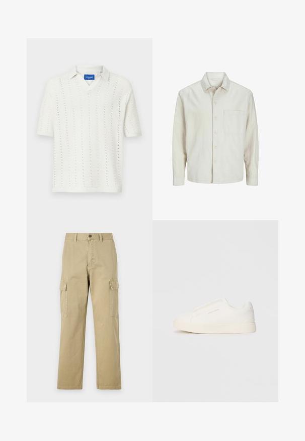 Bež srajca s gumbi, izdelana iz bombaža, s klasičnim ovratnikom, dolgimi rokavi, enim žepom na prsih in sproščenim krojem. Gladka, mehka tekstura.; Bela pletena polo majica s kratkimi rokavi in V-izrezom, ki ima navpične vzorce in rebrast rob. Oznaka vidna pri ovratniku.; Bež hlače s cargo krojem iz bombaža, z dvema stranskima žeparm, gumbom za zapiranje in ravnimi nogavicami iz rahlo teksturirane tkanine.; Bele zapete brez vezalk z teksturirano površino, debelim podplatom in minimalističnim dizajnom. Na strani se nahaja logotip blagovne znamke.