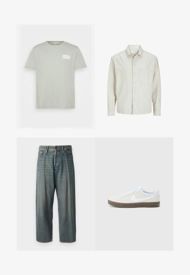 Beige pogrieta krekls no kokvilnas ar klasisku apkakli, garām piedurknēm, vienu krūšpocketu un brīvu piegriezumu. Gluda, maiga tekstūra.; Īsām piedurknēm, gaiši zaļš kokvilnas T-krekls ar apaļu izgriezumu un baltu "JACK & JONES" logo, kas drukāts kreisajā krūtī.; Gaiši zili džinsi ar brīvu piegriezumu, vidējo jostas augstumu un taisnām kājām. Satur piecas kabatas, jostas cilpas un pogu aizdari.; Gaišs pelēks tenisa apavs ar baltu Nike simbolu, ar teksturētu augšdaļu un brūnu gumijas zoli. Īpašības ietver apaļas auklas un mīkstu apkakli.