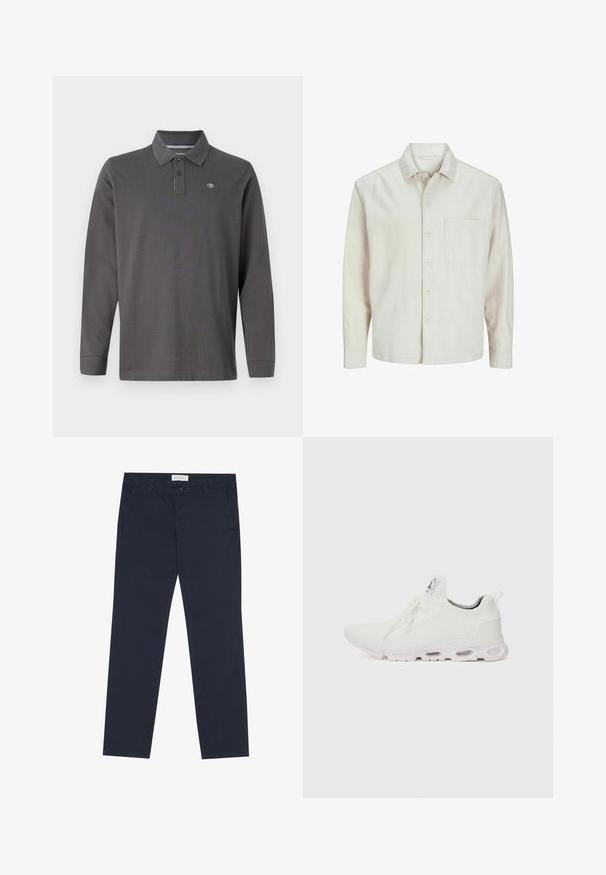 Camicia beige a bottoni realizzata in cotone con colletto classico, maniche lunghe, una tasca sul petto e una vestibilità rilassata. Texture liscia e morbida.; Polo a maniche lunghe in cotone grigio scuro, con colletto, pattina con tre bottoni e un piccolo logo sul lato sinistro del petto.; Chino blu navy in cotone con una texture liscia, dotati di zip, passanti per la cintura e tasche laterali per funzionalità.; Scarpe atletiche bianche con tomaia in maglia testurizzata, lacci piatti e una suola ammortizzata con camere d'aria visibili per un supporto aggiuntivo.