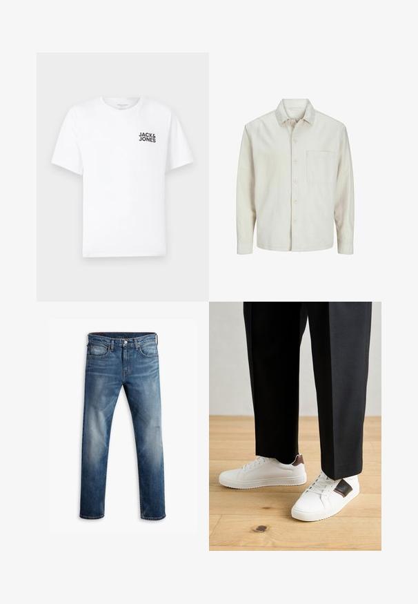 Beige pogrieta krekls no kokvilnas ar klasisku apkakli, garām piedurknēm, vienu krūšpocketu un brīvu piegriezumu. Gluda, maiga tekstūra.; Balts kokvilnas t-krekls, īsām piedurknēm, apaļo kakla izgriezumu. Uz kreisās krūts daļas ir melna teksta druka "JACK & JONES". Vienkāršs, bezpušķains dizains.; Tumši zili džinsi ar izbalējušu efektu, pieci kabatas, pogu aizdare un kontrastējoša šuvuma detaļām. Taisna kāja ar klasisku piegriezumu.; Baltā pārsoļa apavi ar gludu tekstūru, papildināti ar brūniem ādas akcentiem un melniem elementiem, savienoti ar melnām pielāgotām biksēm. Koka grīdas fons.