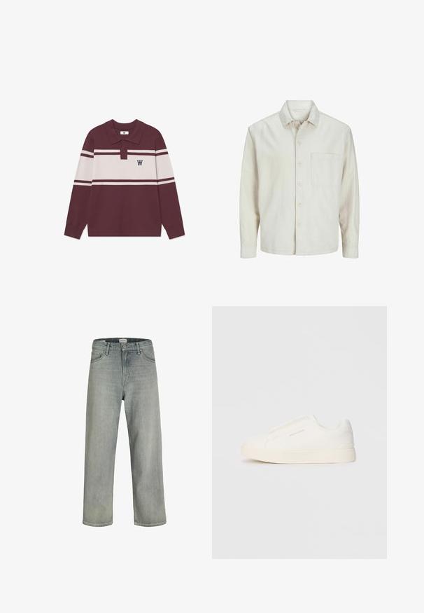 Beżowa koszula z długim rękawem wykonana z bawełny, z klasycznym kołnierzykiem, jedną kieszenią na piersi i luźnym krojem. Gładka, miękka faktura.; Burgundowa koszula polo z długim rękawem, z białymi poziomymi paskami, dwoma guzikami oraz czarnym logo "W" na lewej piersi.; Jasnoszare, luźne dżinsy wykonane z denimu. Posiadają klasyczny pięcio-kieszeniowy krój, szlufki na pasek oraz prostą nogawkę.; Białe sneakersy wsuwane z teksturowanej powierzchni, grubą podeszwą i minimalistycznym designem. Zawierają logo marki z boku.