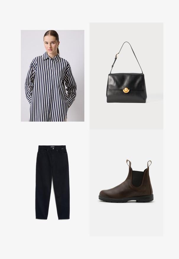 Burgundy leather jacket with a belted waist, wide lapels, and buttoned cuffs; smooth texture with a glossy finish.; Light beige sweatshirt with a crew neckline, long sleeves, and a cropped design; features "POLO CLUB" and "ESTABLISHED 2012" in navy and red text.; Button-up shirt with long sleeves, made of lightweight fabric, featuring vertical navy and cream stripes, a curved hem, and a chest pocket.; Black denim jeans with a straight leg, five-pocket design, and a button closure. Fabric has a smooth texture and minimal visible stitching.; Brown leather ankle boot with elastic side panels, pull tabs, and textured rubber sole. Features a sleek, rounded toe design.; Black leather handbag with a structured shape, flat top, and a golden circular clasp. Features a single shoulder strap for carrying.