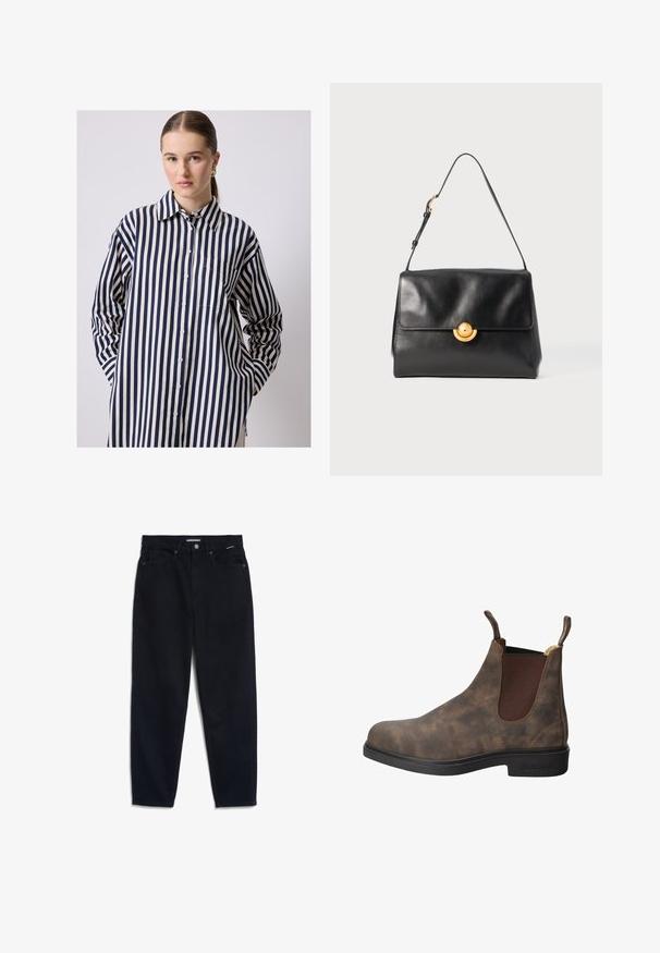 Burgundy leather jacket with a belted waist, wide lapels, and buttoned cuffs; smooth texture with a glossy finish.; Light beige sweatshirt with a crew neckline, long sleeves, and a cropped design; features "POLO CLUB" and "ESTABLISHED 2012" in navy and red text.; Button-up shirt with long sleeves, made of lightweight fabric, featuring vertical navy and cream stripes, a curved hem, and a chest pocket.; Black denim jeans with a straight leg, five-pocket design, and a button closure. Fabric has a smooth texture and minimal visible stitching.; Brown leather ankle boot with elastic side panels, textured finish, rounded toe, and black rubber sole. Pull tabs on the shaft for easy wear.; Black leather handbag with a structured shape, flat top, and a golden circular clasp. Features a single shoulder strap for carrying.