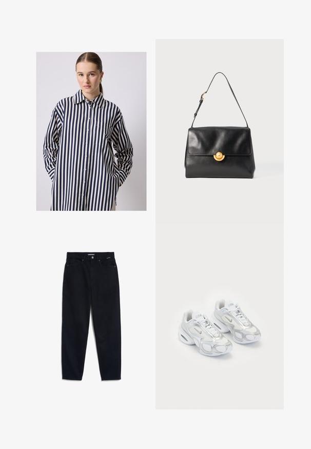 Burgundy leather jacket with a belted waist, wide lapels, and buttoned cuffs; smooth texture with a glossy finish.; Light beige sweatshirt with a crew neckline, long sleeves, and a cropped design; features "POLO CLUB" and "ESTABLISHED 2012" in navy and red text.; Button-up shirt with long sleeves, made of lightweight fabric, featuring vertical navy and cream stripes, a curved hem, and a chest pocket.; Black denim jeans with a straight leg, five-pocket design, and a button closure. Fabric has a smooth texture and minimal visible stitching.; White athletic shoes featuring a mesh upper with silver accents, a unique shape, and air cushioning in the heel. Laced design with logo.; Black leather handbag with a structured shape, flat top, and a golden circular clasp. Features a single shoulder strap for carrying.