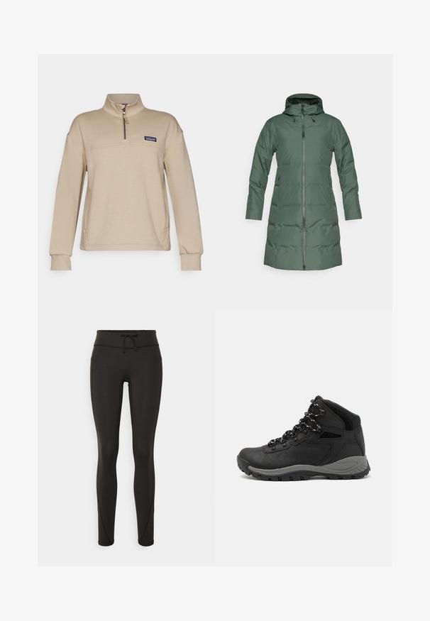 Zelený kabát s polstrováním a kapucí, plný zip, dlouhé rukávy a boční kapsy. Hladká textura s matným povrchem.; Béžový fleecový pulover s polozipem, stojáčkovým límcem a dlouhými rukávy. Obsahuje malé nášivkové logo na levé části hrudi. Měkká textura.; Černé legíny s vysokým pasem, šnůrkou, hladkým povrchem a přiléhavým střihem. Obsahují švy podél stran.; Černé turistické boty s mírně vyšším střihem, které mají texturovaný svršek, šedé detaily a odolnou gumovou podrážku s trakčními výstupky.