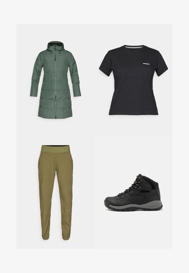 Προσαρμοσμένο πράσινο παλτό με κουκούλα, φερμουάρ πλήρους μήκους, μακριά μανίκια και πλευρικές τσέπες. Λείο υφή με ματ φινίρισμα.; Μαύρο βαμβακερό T-shirt με στρογγυλή λαιμόκοψη και κοντά μανίκια. Διαθέτει λευκό λογότυπο "Patagonia" στην αριστερή περιοχή του στήθους.; Ελαιολάδου πράσινα tapered παντελόνια με ελαστική μέση, ελαφρύ ύφασμα και δύο πλαϊνές τσέπες. Διαθέτουν διακριτική ραφή και γυριστές άκρες.; Μαύρο ορειβατικό μποτάκι με μεσαίο ύψος, διαθέτει υφή στην επάνω επιφάνεια, γκρι λεπτομέρειες και ανθεκτική καουτσούκ σόλα με αυλάκια πρόσφυσης.