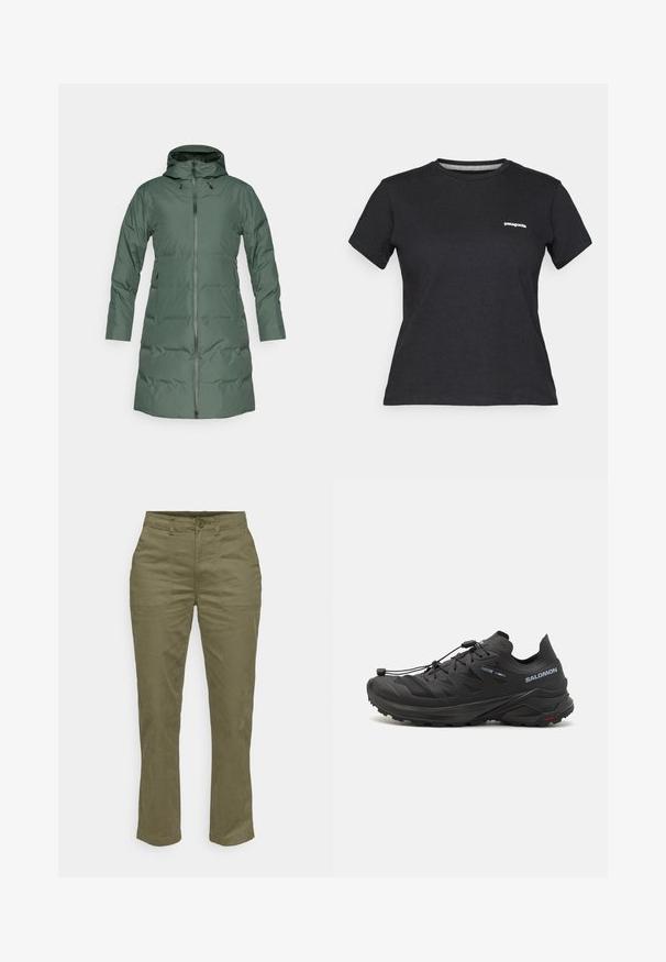 Casaco verde acolchoado com capuz, fecho de correr em todo o comprimento, mangas longas e bolsos laterais. Textura suave com um acabamento mate.; T-shirt de algodão preto com decote redondo e mangas curtas. Apresenta um logo branco "Patagonia" na área do peito esquerdo.; Calças de algodão verde-oliva com um design de perna reta, apresentando um fecho de botão frontal, dois bolsos laterais e costuras reforçadas.; Sapatos de trail running pretos com um upper texturizado, painéis em malha e um sistema de fecho seguro. Apresenta um solado robusto para tração.