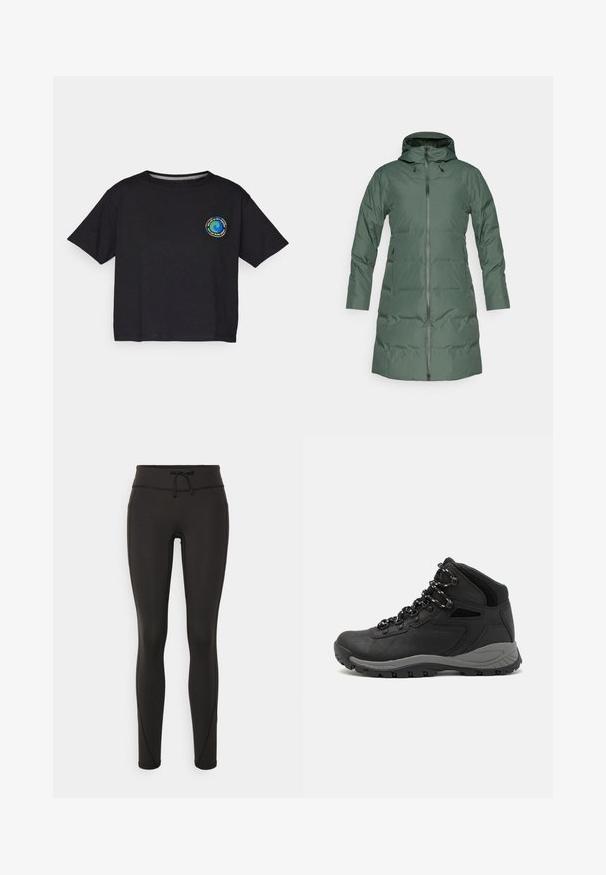 Padded green coat with a hood, full-length zipper, long sleeves, and side pockets. Smooth texture with a matte finish.; Black cotton short-sleeve T-shirt featuring a circular multicolored logo on the chest. Straight hem and relaxed fit.; Black leggings with a high waistband, drawstring, smooth texture, and fitted design. Features stitching details along the sides.; Black hiking boot with a mid-top design, featuring a textured upper, gray accents, and durable rubber sole with traction lugs.