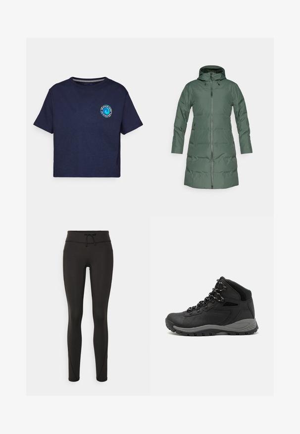Zelena zimska bunda s kapuco, poln dolg zadrgo, dolgi rokavi in stranskimi žepi. Gladka tekstura z mat površino.; Patagonia UNITY FITZ EASY CUT RESPONSIBILI-TEE - Potiskana majica - new navy; Črne legice z visokim pasom, vrvico za zavezovanje, gladko teksturo in prilegajoč dizajn. Imajo šivane detajle ob straneh.; Črne pohodniške čevlje z srednje visokim dizajnom, ki imajo teksturirano zgornji del, sivi dodatki in vzdržljiv gumen podplat s protizdrsnimi izboklinami.