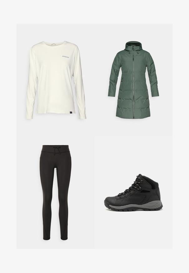 Casaco verde acolchoado com capuz, fecho de correr em todo o comprimento, mangas longas e bolsos laterais. Textura suave com um acabamento mate.; Camiseta de manga longa e decote redondo em algodão off-white. Apresenta um logo azul da Patagonia no lado esquerdo do peito e um corte ajustado.; Leggings pretos com uma cintura alta, cordão, textura suave e design ajustado. Apresentam detalhes de costura ao longo das laterais.; Bota de caminhada preta com design de cano médio, apresentando um upper texturizado, detalhes cinzentos e sola de borracha durável com cravos de tração.