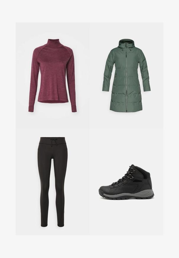 Gewatteerde groene jas met een capuchon, volledige rits, lange mouwen en zijzakken. Gladde textuur met een matte afwerking.; Bordeaux lang mouw turtleneck shirt met raglan mouwen en een zachte textuur. Heeft een afgeronde zoom en aansluitende manchetten.; Zwarte leggings met een hoge tailleband, een trekkoord, een gladde textuur en een aansluitend ontwerp. Kenmerkt zich door stikseldetails langs de zijkanten.; Zwarte wandelschoen met een mid-top ontwerp, voorzien van een gestructureerde bovenkant, grijze accenten en een duurzame rubberen zool met gripnoppen.