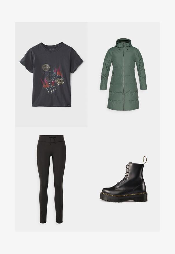 Pūtēts zaļš mētelis ar kapuci, pilnīga garuma rāvējslēdzējs, garas piedurknēm un sānu kabatām. Gluda tekstūra ar matētu apdari.; Melns kokvilnas T-krekls ar panteras grafiku un Harley-Davidson un Dickies logotipiem. Īsas piedurknes un apaļš kakls.; Melnas legingi ar augstu jostasvietu, pievilkšanas auklu, gludu tekstūru un pieguļošu dizainu. Iekļautas šuvju detaļas gar sāniem.; Melnas ādas lakotās potītes ar masīvu melnu zoli un dzelteno šuvju. Izvērsta cilpa aizmugurē un apaļie metāla acu caurumi.