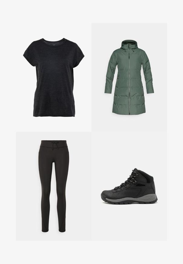 Polstret grøn frakke med hætte, fuldlængde lynlås, lange ærmer og sidelommer. Glat tekstur med mat finish.; Mørkegrå kortærmet T-shirt med rund halsudskæring og en afslappet pasform. Stoffet har et blødt, tekstureret udseende.; Sorte leggings med høj talje, snøre, glat tekstur og tætsiddende design. Har syningsdetaljer langs siderne.; Sort vandrestøvle med en mellem-højde design, der har en tekstureret overdel, grå detaljer og en holdbar gummisål med skridsikre klodser.