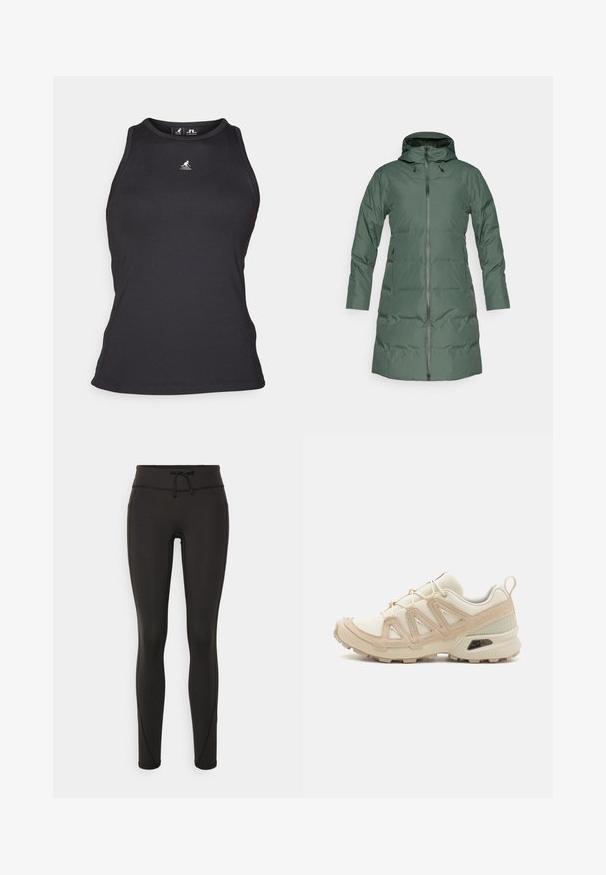 Pūtēts zaļš mētelis ar kapuci, pilnīga garuma rāvējslēdzējs, garas piedurknēm un sānu kabatām. Gluda tekstūra ar matētu apdari.; Melnas ribota topa ar augstu kakla izgriezumu un bez piedurknēm. Iekļauj mazu logo uz krūtīm un pieguļošu siluetu.; Melnas legingi ar augstu jostasvietu, pievilkšanas auklu, gludu tekstūru un pieguļošu dizainu. Iekļautas šuvju detaļas gar sāniem.; Beige un krēma sporta apavi ar strukturētu tīkla virsmu, atbalstošajiem slāņiem un gumijas zoli ar protektoru rakstu, kas nodrošina saķeri.